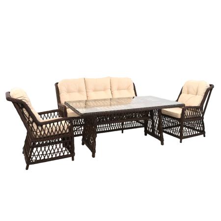 Комплект RIVIERA (Кресло 2шт, Диван 3-местный 1шт, стол 100х180хН76) (Эрба твист коричневый, Алюминий , Prima песочный)