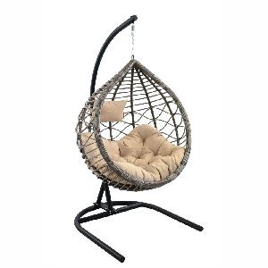 Подвесное кресло VEIL2 (экоротанг: Трубка 10-13 мм перлато, корзина: Цельносварной, опора: Сталь Чёрный, подушка: estera песочный)