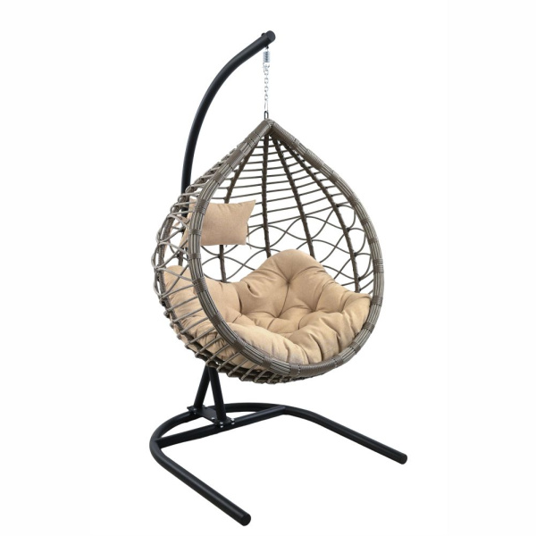 Подвесное кресло VEIL2 (экоротанг: Трубка 10-13 мм перлато, корзина: Цельносварной, опора: Сталь Чёрный, подушка: estera песочный)