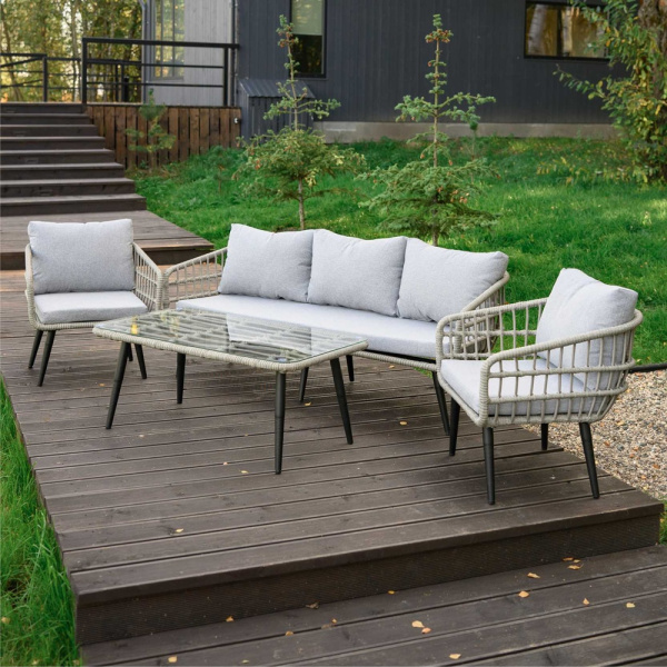 Комплект LIANA лаунж (Диван 3-местный, 2 кресла, стол журнальный) (Эрба плессе графит, Алюминий , estera светло-серый)