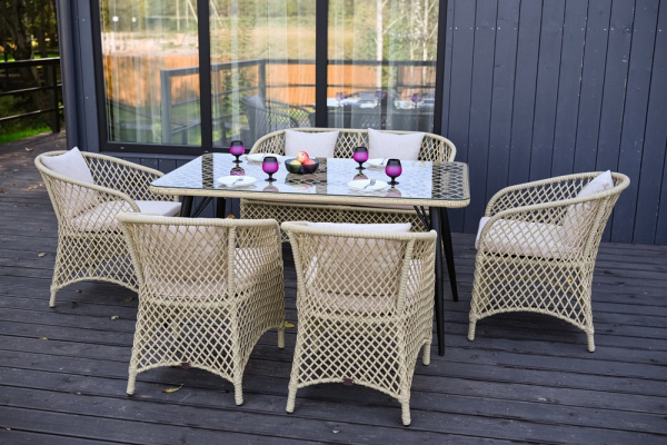 Комплект AURA 4+1+1 (Кресло 4 шт, диван 2-местный, стол 90х150) (Эрба стейпл грано, Сталь , estera песочный)