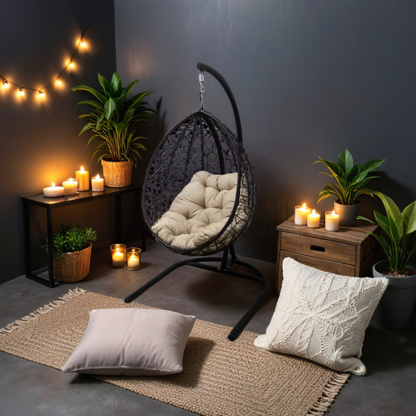 Для сайта АКЦИЯ Подвесное кресло SMALL (экоротанг: Прут 3-5 мм темно-коричневый, корзина: Разборный, опора: Сталь Чёрный, подушка: Tefla бежевый)