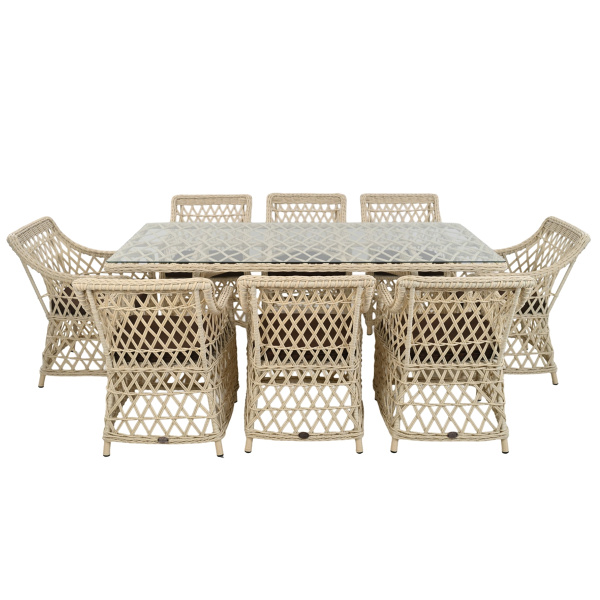 Комплект КАЛИПСО (8 кресел, стол 100х200хН76) (Эрба стейпл айвори, Алюминий , эстера шоколадный)