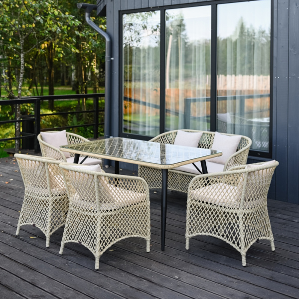 Комплект AURA 4+1+1 (Кресло 4 шт, диван 2-местный, стол 90х150) (Эрба стейпл грано, Сталь , estera песочный)