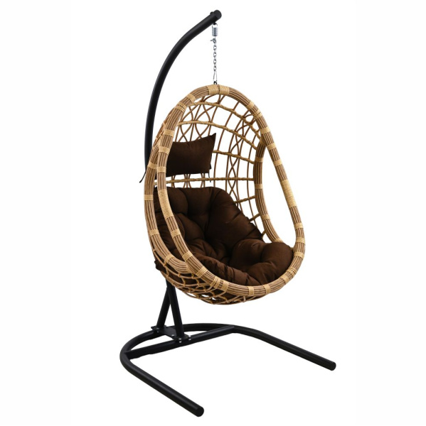 Подвесное кресло BRONTE tubo (экоротанг: Трубка 10-13 мм грано, корзина: Цельносварной, опора: Сталь Чёрный, подушка: estera шоколадный)