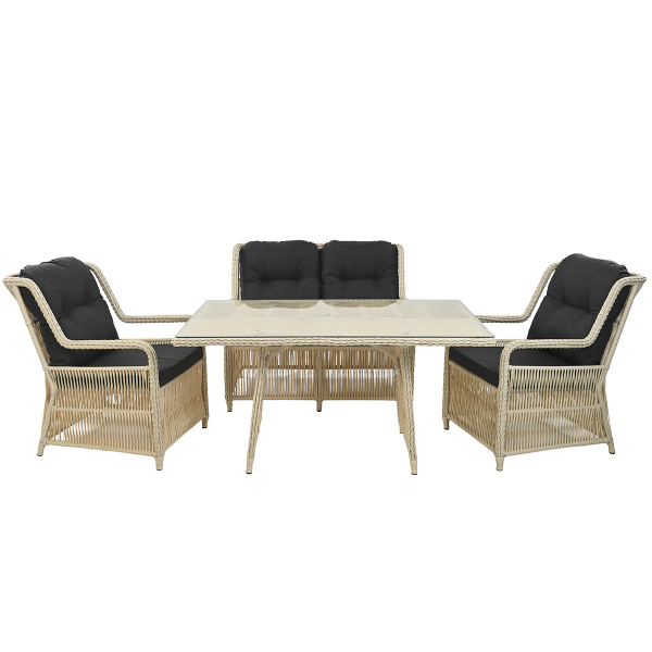 Комплект МИЛАН (2 кресла, 2-местный диван, стол обеденный 90х150) (Эрба стейпл айвори, Алюминий , estera темно-серый)