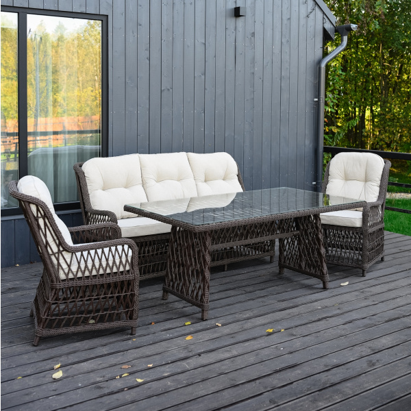 Комплект RIVIERA (Кресло 2шт, Диван 3-местный 1шт, стол 100х180хН76) (Эрба твист коричневый, Алюминий , Prima песочный)