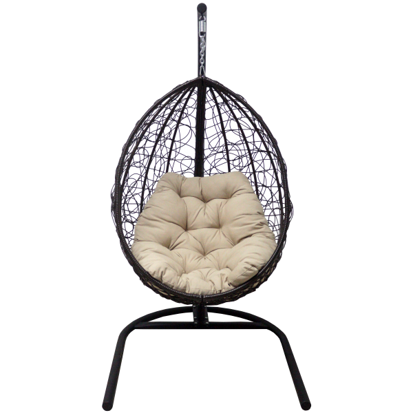 Для сайта АКЦИЯ Подвесное кресло SMALL (экоротанг: Прут 3-5 мм темно-коричневый, корзина: Разборный, опора: Сталь Чёрный, подушка: Tefla бежевый)