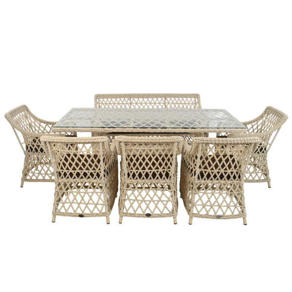 Комплект КАЛИПСО (5 кресел, диван 3-местный, стол 100х200хН76) (Эрба стейпл айвори, Алюминий , эстера шоколадный)