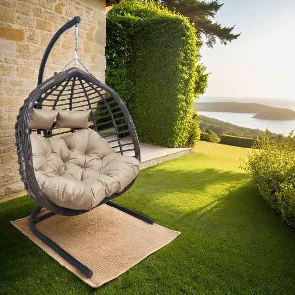 Для сайта АКЦИЯ Подвесное кресло SELENA (экоротанг: Трубка 10-13 мм темно-коричневый, корзина: Цельносварной, опора: Сталь Чёрный, подушка: Oxford бежевый)