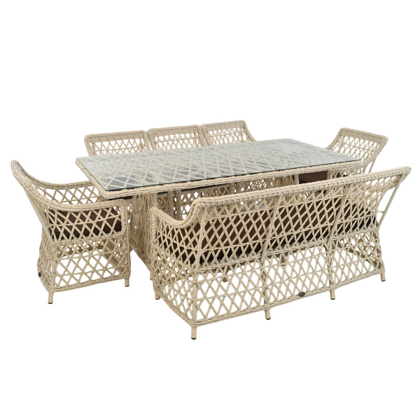 Комплект КАЛИПСО (5 кресел, диван 3-местный, стол 100х200хН76) (Эрба стейпл айвори, Алюминий , эстера шоколадный)