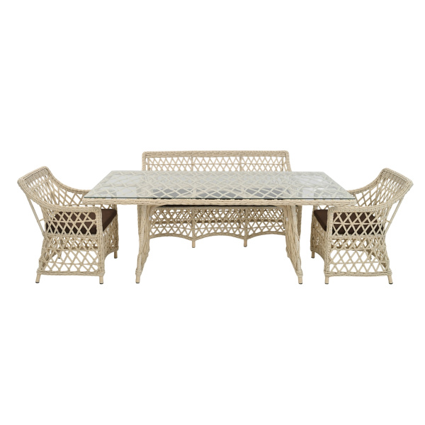 Комплект КАЛИПСО (2 кресла, диван 3-местный, стол 100х200хН76) (Эрба стейпл айвори, Алюминий , эстера шоколадный)