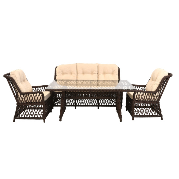 Комплект RIVIERA (Кресло 2шт, Диван 3-местный 1шт, стол 100х180хН76) (Эрба твист коричневый, Алюминий , Prima песочный)