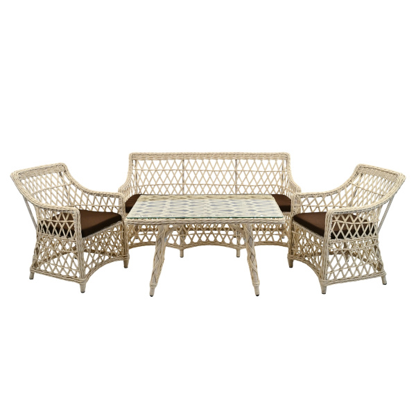 Комплект КАЛИПСО (2 кресла, диван 3-местный, стол кофейный) (Эрба стейпл айвори, Алюминий , эстера шоколадный)