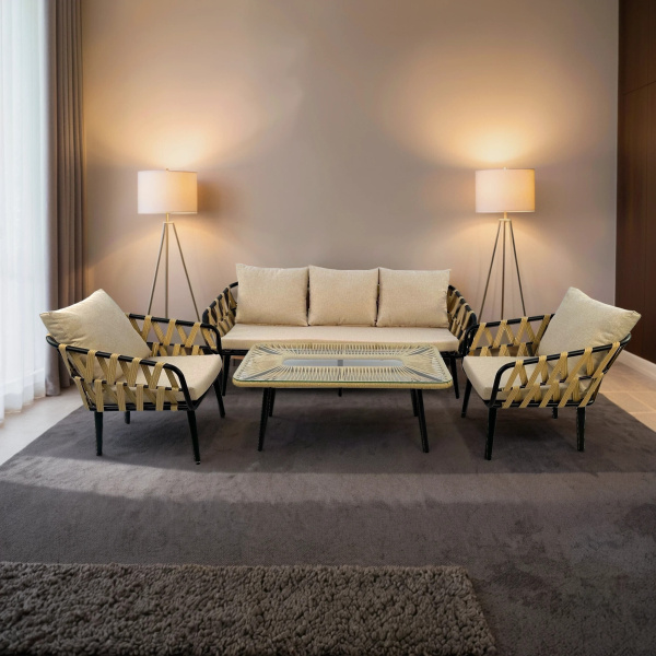 Комплект LIMA (2 кресла, диван 3-местный, стол журнальный) (Эрба плессе грано, Сталь , estera песочный)