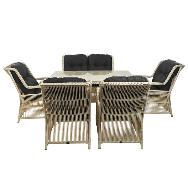 Комплект МИЛАН (4 кресла, 2-местный диван, стол обеденный 90х150) (Эрба стейпл айвори, Алюминий , estera темно-серый)